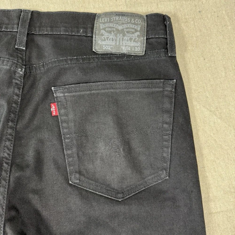 Levis 502 Regular Fit Tapered Leg Jeans Mens 34x32 Black Denim Cotton Blend Zip‎